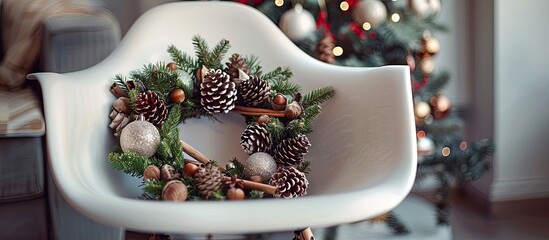 Poster - A Christmas wreath crafted from fir branches adorns a white chair, embellished with organic elements like pine cones, walnuts, and cinnamon, creating festive decor with vacant space for imagery.