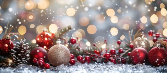 Poster - A festive arrangement of Christmas tree decorations on a silver background with blurred elements creating a perfect copy space image.