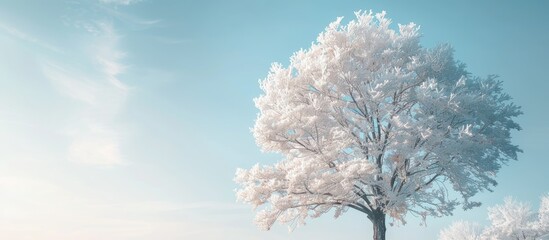 Canvas Print - Captivating winter scene showcasing a tree with snowy branches against a half-clear sky in the background, resembling a stunning piece of art with ample copy space image.