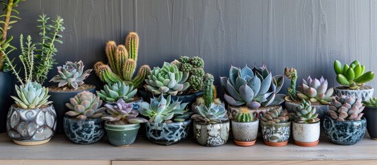 Aufkleber - A charming arrangement of succulents in pots displayed on a desk with space available for copying images.