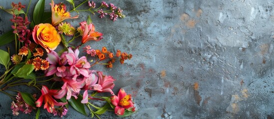 Sticker - Flowers arranged on a metallic surface with an empty area for additional visuals or text, known as a 'copy space image.'