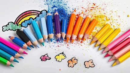 A vibrant and colorful arrangement of sharpened pencils forming a rainbow-like arc, with scattered shavings and drawn elements, demonstrating creativity and artistic expression.