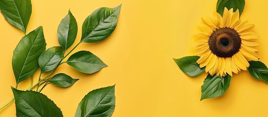 Leinwandbilder - A minimalistic summer theme featuring a creative flat lay arrangement with a copy space image. A top-down view of green leaves and a sunflower on a yellow background.