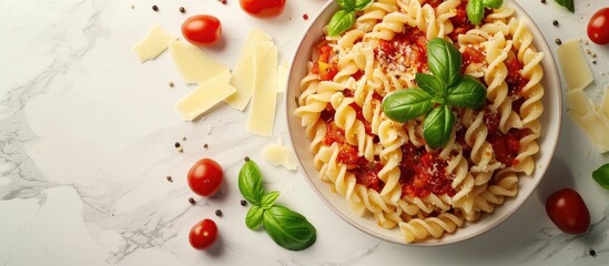 Wall Mural - Top view of Italian pasta with tomato sauce, cheese, and basil on a bright background, allowing for text in the copy space image.