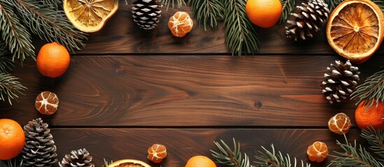 Poster - Festive Christmas-themed flat lay on a wooden table, featuring tree branches, dried oranges, cones, and space for text or an image.