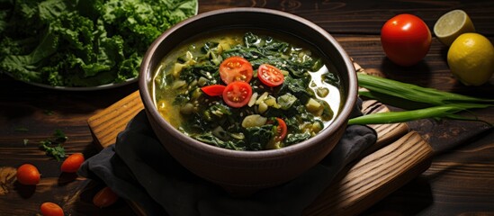 Poster - Top-down view of a wooden table displaying an Indonesian delicacy called Sayur bening bayam or spinach clear soup in a bowl with tomatoes, with room for more content.