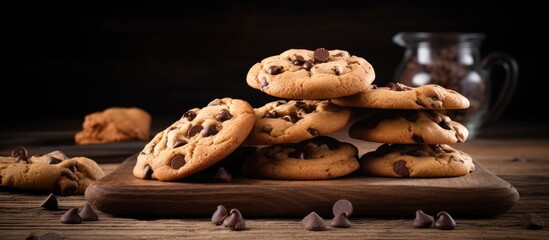 Poster - Freshly baked chocolate chip cookies displayed on a dark, old wooden table with room for text in the image.