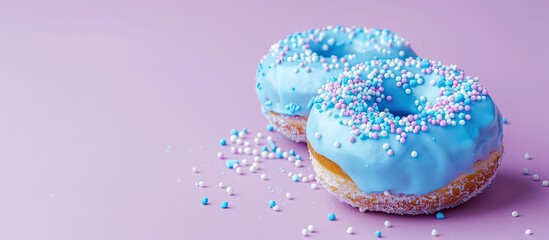 Sticker - Close-up view of two appetizing donuts adorned with blue and white icing and sprinkles, isolated on a purple backdrop. Illustrating dessert ideas, with available copy space image.