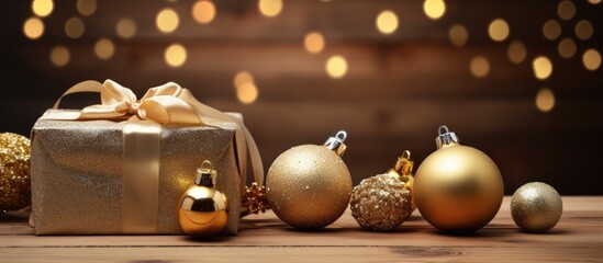 Poster - Christmas presents displayed on a wooden surface with golden baubles, in a festive theme emphasizing golden and brown tones, ideal for a copy space image.