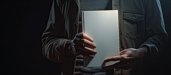 Aufkleber - A man displays a book or album with a blank cover in a mockup image, which was created by the scene's designer. The item is isolated and cut out.