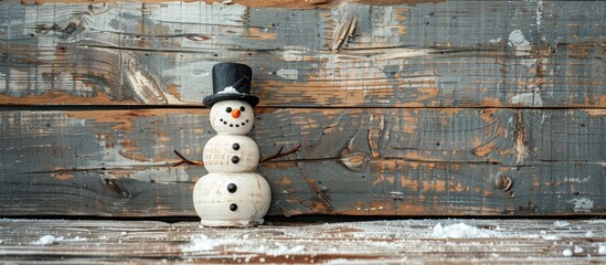 Poster - Horizontal photo of a snowman on a rustic wooden board for Christmas background with copy space image.