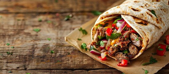 Sticker - Image of a Mexican sandwich with burrito, fajita, tacos, and wrap on a wooden background, featuring tortilla, beef, chicken, and fresh veggies; ideal for a quick, healthy meal with room for text.