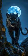 Wall Mural - a black panther walking on a rock with a full moon in the background