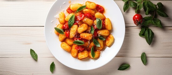 Aufkleber - Homemade potato gnocchi with tomato sauce, basil, parmesan, olive oil, and peppers presented on a plate on a white wooden table, creating an inviting copy space image.