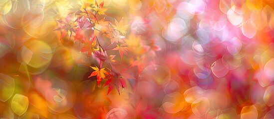 Poster - Blurred, colorful maple leaves in autumn create a vibrant copy space image.