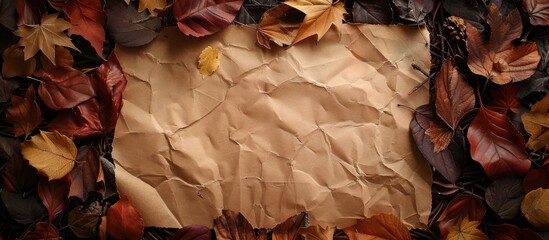Aufkleber - Fall-themed backdrop with dried leaves and a blank sheet for a copy space image