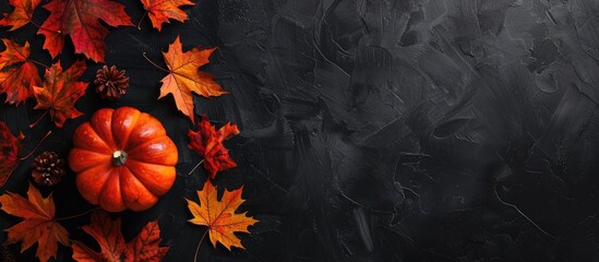 Aufkleber - Vibrant fall maple leaves and a pumpkin placed on a dark backdrop with space for adding an image.