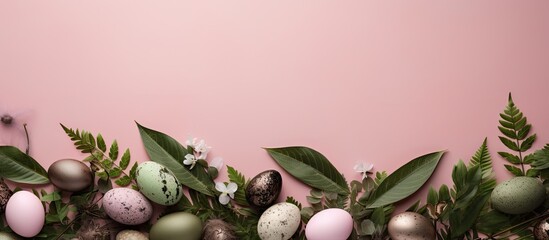 Wall Mural - A flat lay arrangement featuring intricately adorned Easter eggs, vibrant green leaves, set against a soft pink backdrop, with a designated space for text or copy space image.