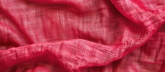 Poster - Detailed close-up image of a natural red fabric texture in a light red hue. Made of cotton or linen, providing a textured canvas background with ample copy space image.