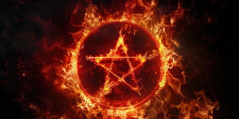 Canvas Print - A flaming pentagram against a dark background