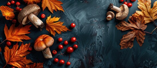 Leinwandbilder - A dark background with autumn leaves, mushrooms, and berries offers a picturesque autumn setting with copy space image.