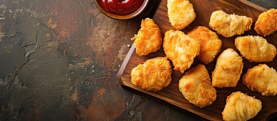 Poster - On the table lies a wooden board with delicious chicken nuggets accompanied by a flavorful sauce, creating an appetizing copy space image.