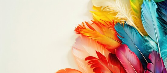 Fototapete - A stunning top-down photo with colorful feathers on a clean background, featuring copy space and vintage effects in bright light.