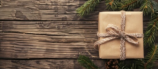 Aufkleber - A simple Christmas gift wrapped in rustic kraft paper with a ribbon and bow, complemented by conifer branches on an old wooden table, featuring copy space image on the right.