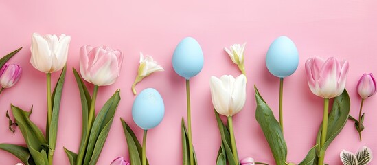 Fototapete - Copy space image featuring pink and white tulips, blue Easter eggs on a light pink backdrop, creating a festive pastel-colored spring scene as a symbol for the religious Easter holiday.