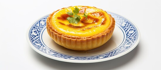 Poster - Portuguese egg custard tart, a classic homemade dessert, showcased on a white background with ample copy space image.