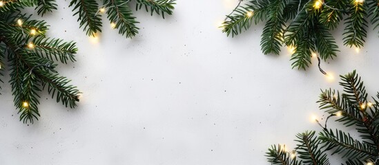 Poster - White background with Christmas lights, green tree branches, and space for text or image. Top view of a festive setting symbolizing New Year celebrations and greetings.