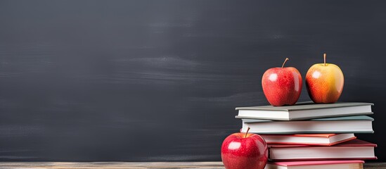Poster - Education concept with a stack of books, an orange pencil holder, and a red apple on a white table against a blackboard backdrop, ready for school year, copy space image.