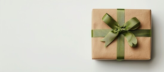 Aufkleber - A plain brown gift box adorned with a green raffia ribbon and a label, all set against a white backdrop, ideal for a copy space image.