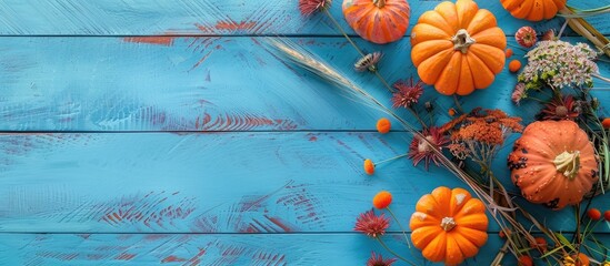 Poster - Autumn-themed top view featuring orange pumpkins, flowers, and grass on a blue wooden table for Thanksgiving, ideal for fall harvest messages with copy space image.