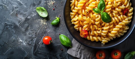 Canvas Print - Tomato macaroni in a dish with copy space image.