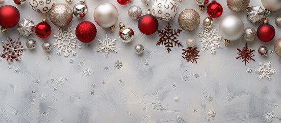 Poster - Festive winter border featuring decorative baubles, snowflakes on a grey background. Perfect for Christmas and New Year compositions with a flat lay design and space for additional images.