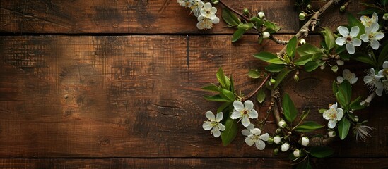 Aufkleber - A branch with spring flowers displayed on a wooden backdrop, providing a charming copy space image.