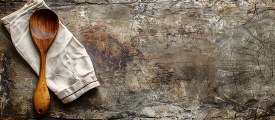 Canvas Print - Top view of an old wooden spoon with a kitchen napkin on a rustic stone kitchen table, creating a background for food and cooking themes, with room for a copy space image.