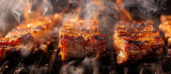 Wall Mural - Barbecued pork belly sizzling over hot coals creating a smoky aroma; great copy space image.