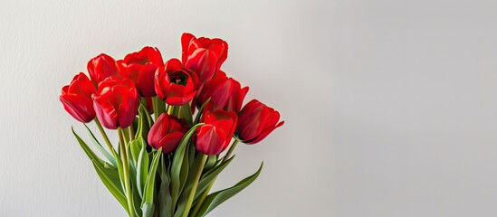 Aufkleber - Elegant arrangement of red tulips in a vase on a white background with copy space image.