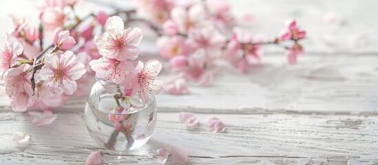 Aufkleber - Pink peach blossoms in a clear glass jar on a white wooden table with copy space image.