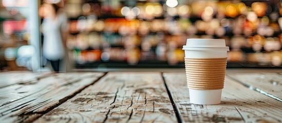 Aufkleber - Coffee cup on wooden table at a grocery store with copy space image.