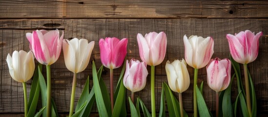 Poster - Pink and white tulips displayed on a wooden background with copy space image available.