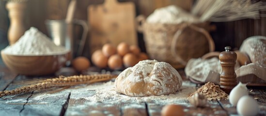 Sticker - Rural kitchen setting for baking with dough, ingredients, vintage wooden table, rustic background, and selective focus for a copy space image.