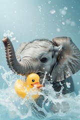 Wall Mural -  A baby elephant joyfully plays with a rubber duck in a water-filled pool, a splash of water gracefully adorning its head