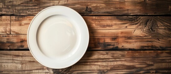 Aufkleber - A white plate placed on a wooden table with ample copy space image included.
