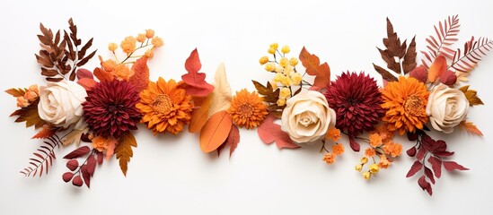 Wall Mural - Autumn-themed floral arrangement with fresh flowers forming a frame on a white background, representing the autumn/fall season, captured in a flat lay top view with space for text or images