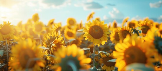 Sticker - Endless field of sunflowers, representing a summer landscape with a harvesting concept. Panoramic view like a banner, perfect for copy space image.