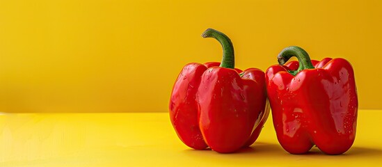 Wall Mural - Ugly food on a yellow backdrop includes two ripe red bell peppers in the photo with copy space image.