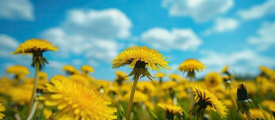 Sticker - Close-up macro photograph of a beautiful summer countryside landscape with a yellow expanse of dandelions, under a blue sky with white clouds on a sunny day, providing copy space image.